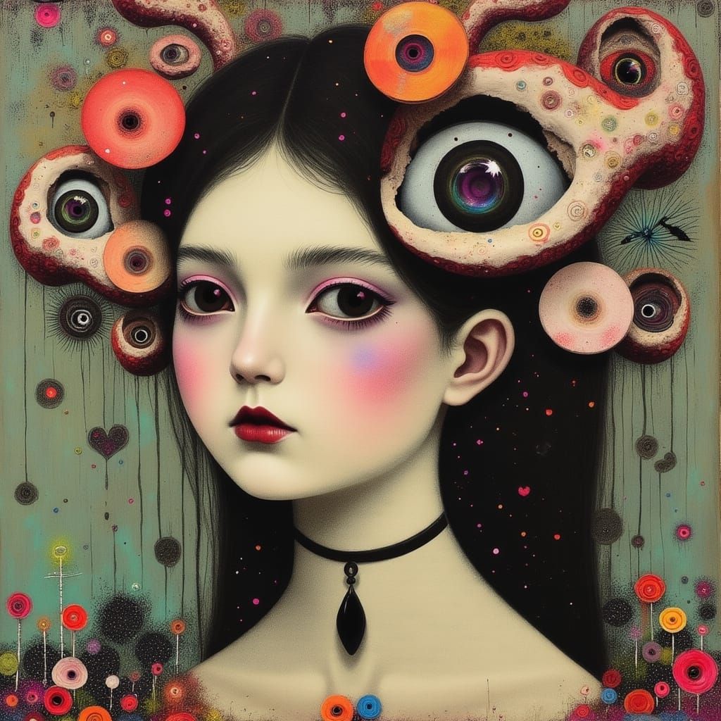 Creepy Cute Monster and Woman Portrait in Dark Futurism Styl...