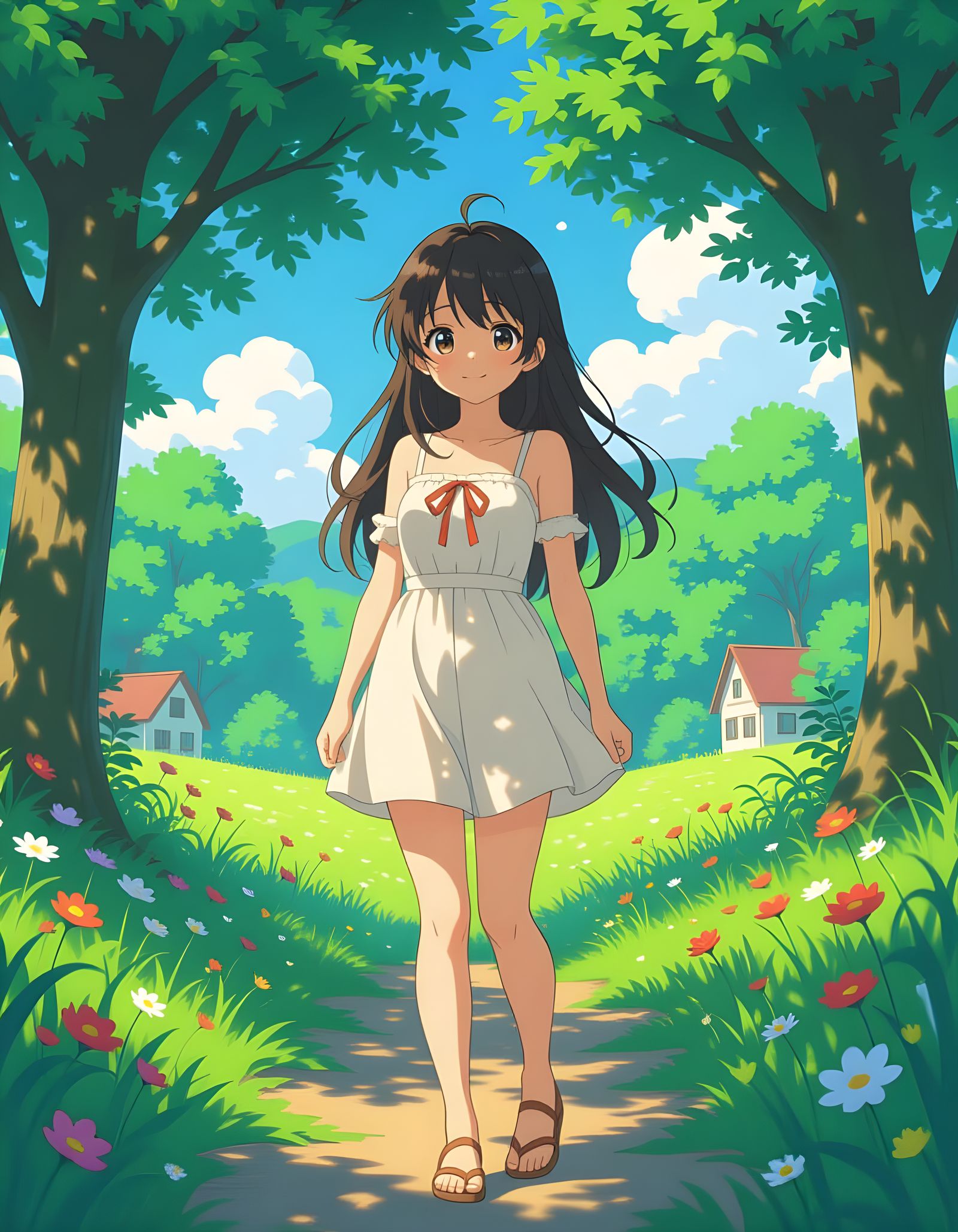 Happy Anime Girl in Natural Setting, High Resolution