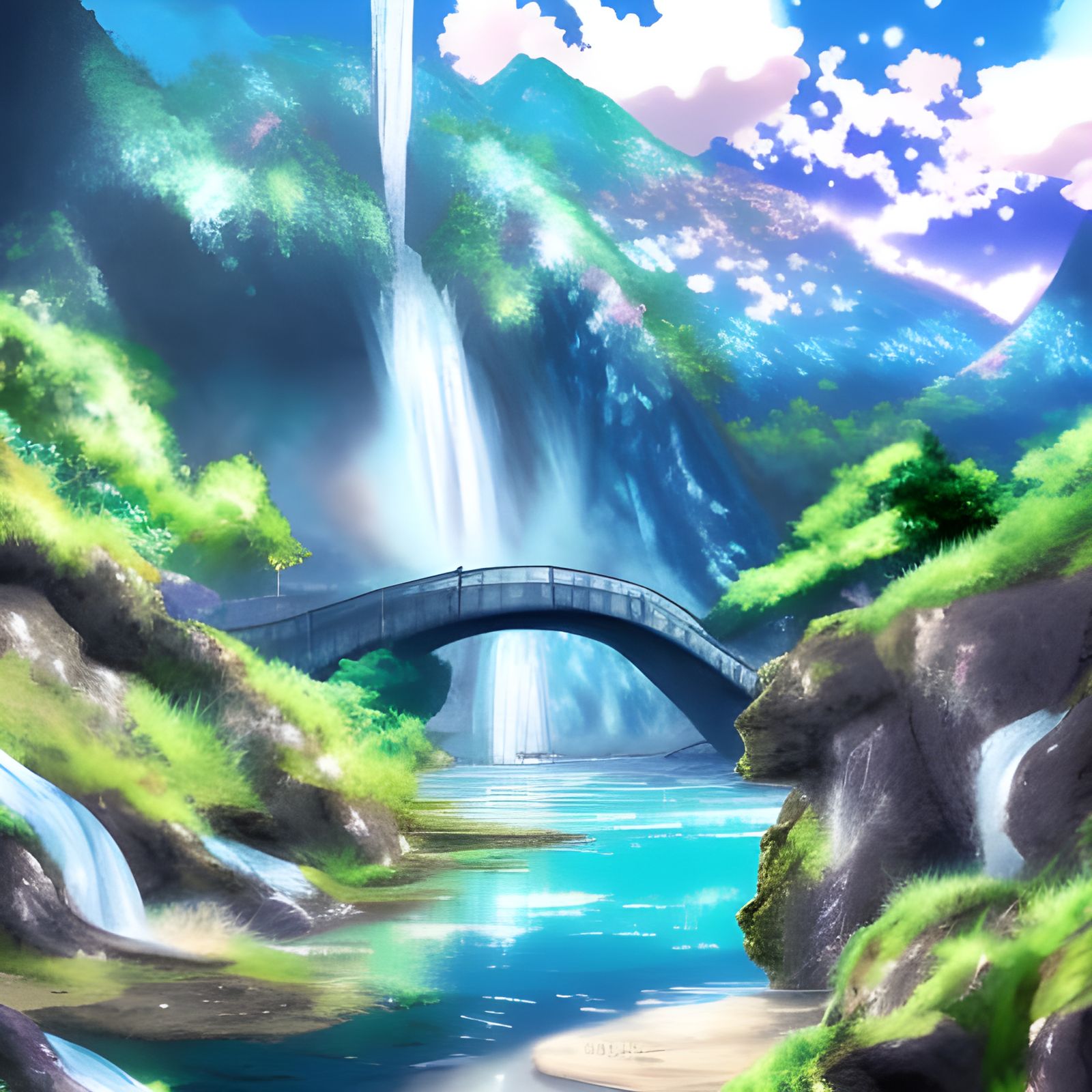 Waterfall and Mountains in Anime Style