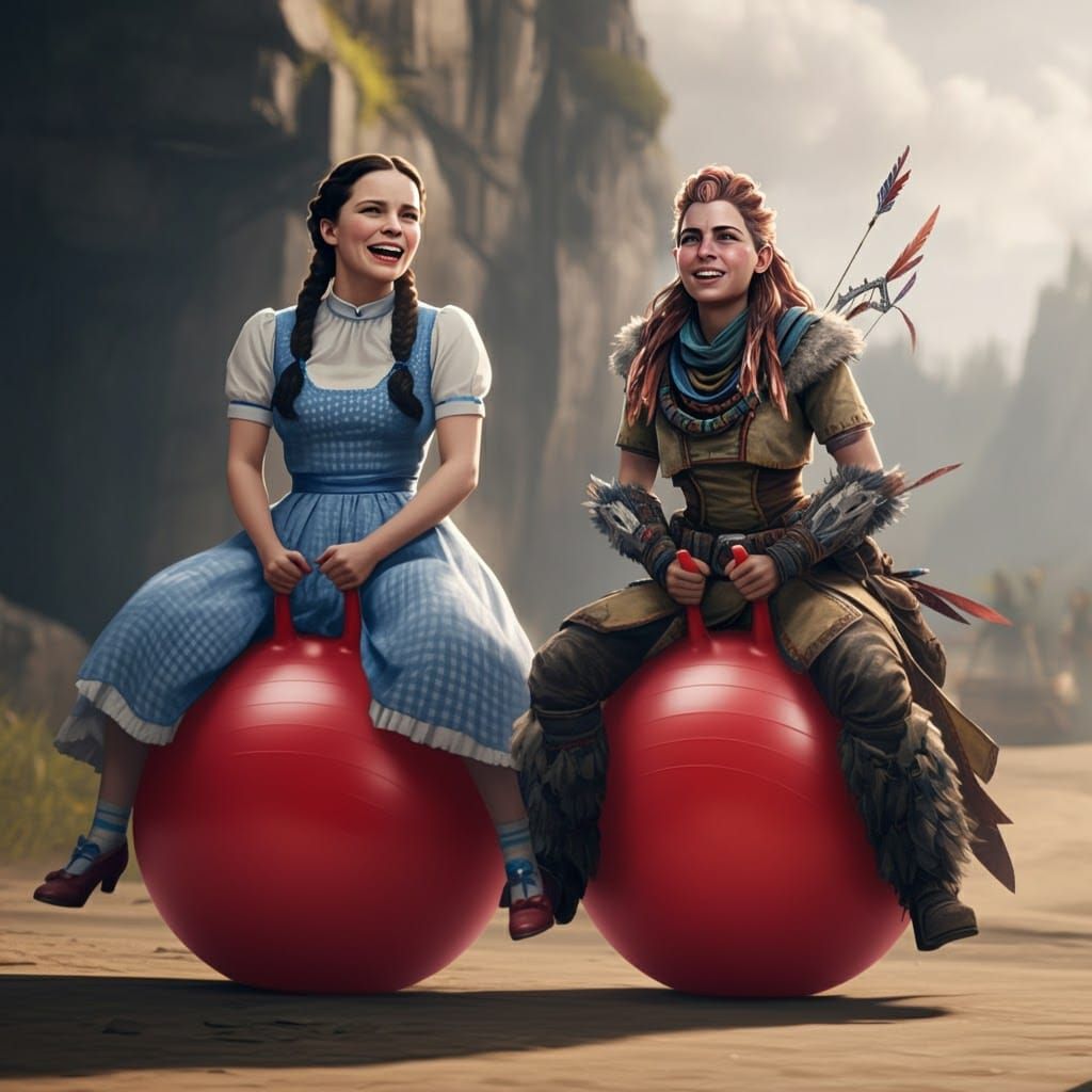 Dorothy and Aloy Bouncing on Hippity Hop Balls