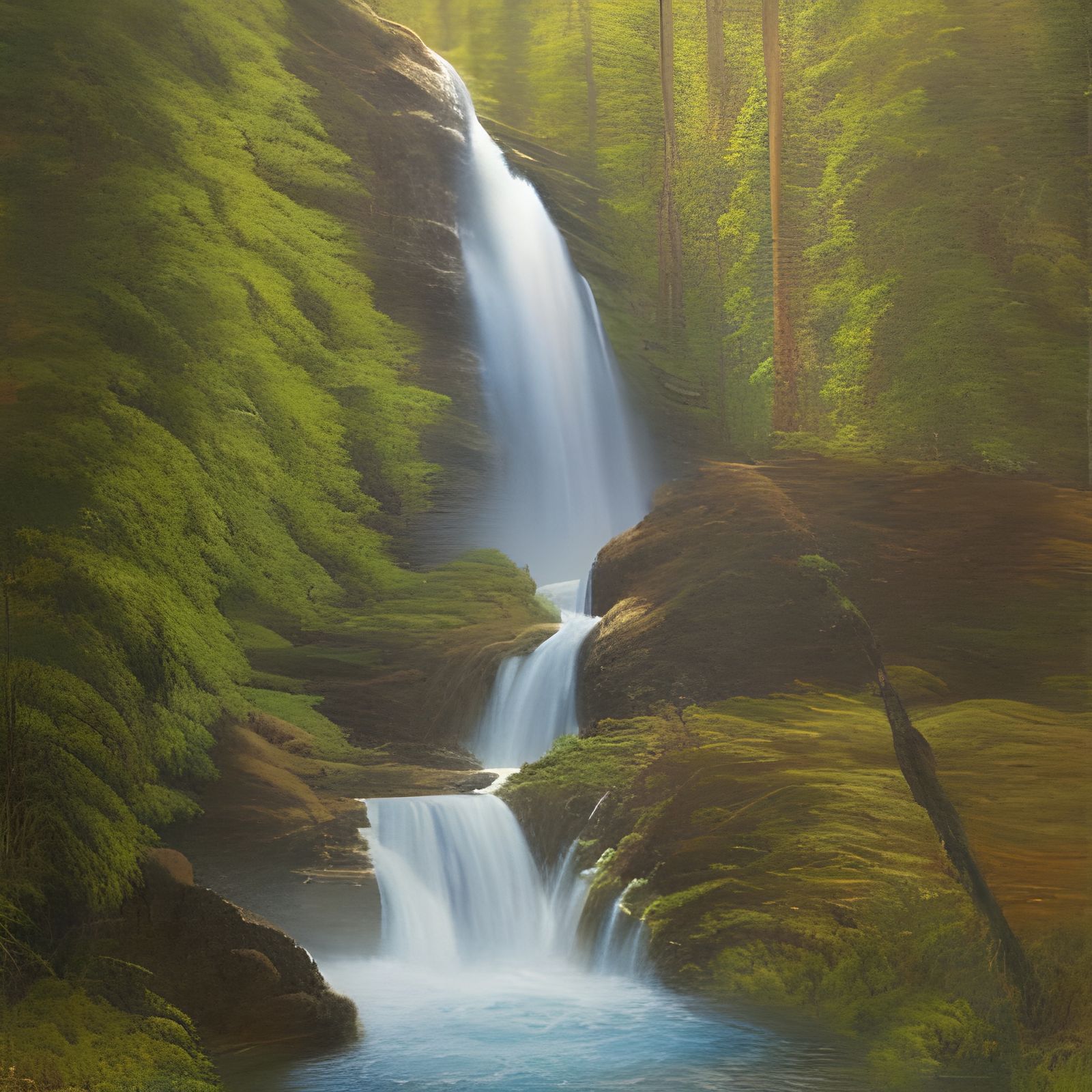 Ancient Waterfalls in Oil Painting Style