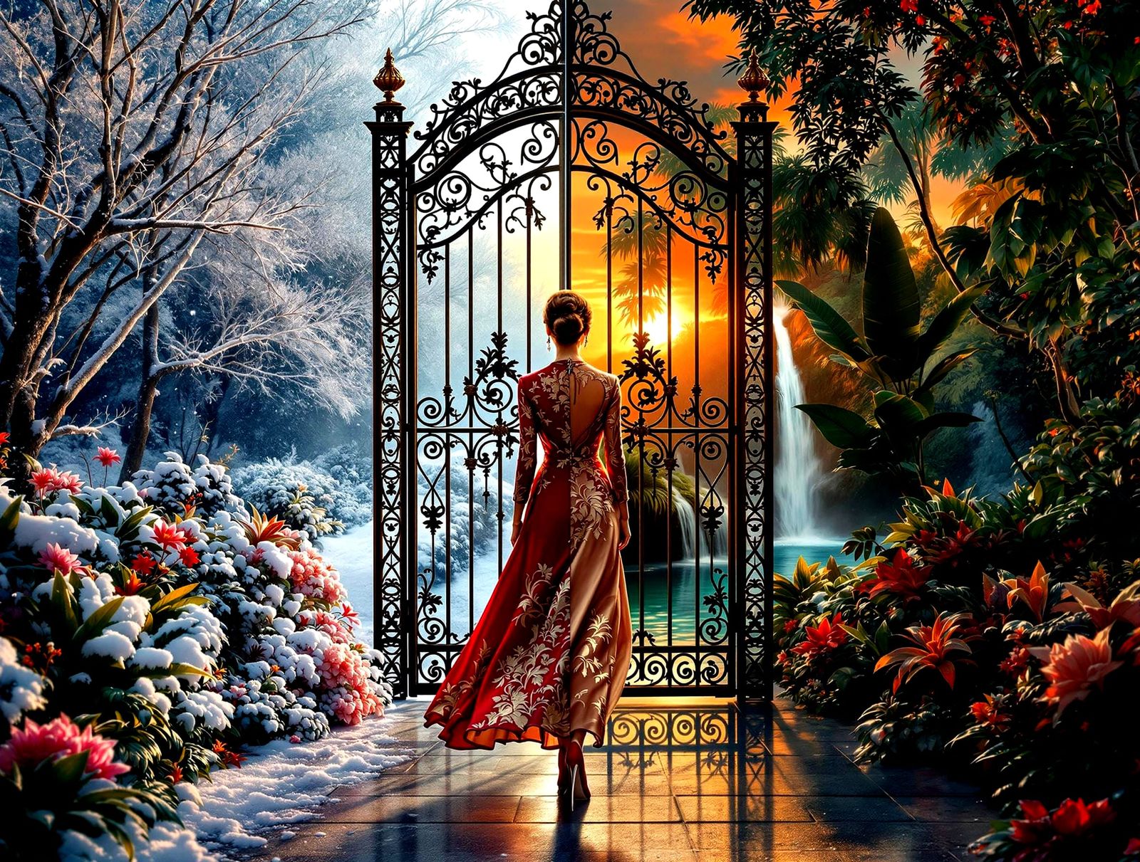 A Hyperdetailed Woman Walks Through a Vibrant Metal Gate