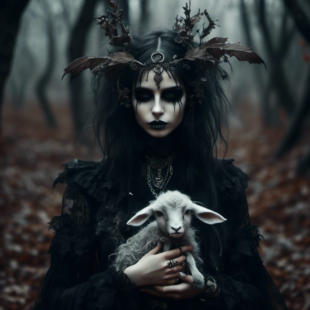 Goth Girl with Bat-Winged Lamb in Dark Forest
