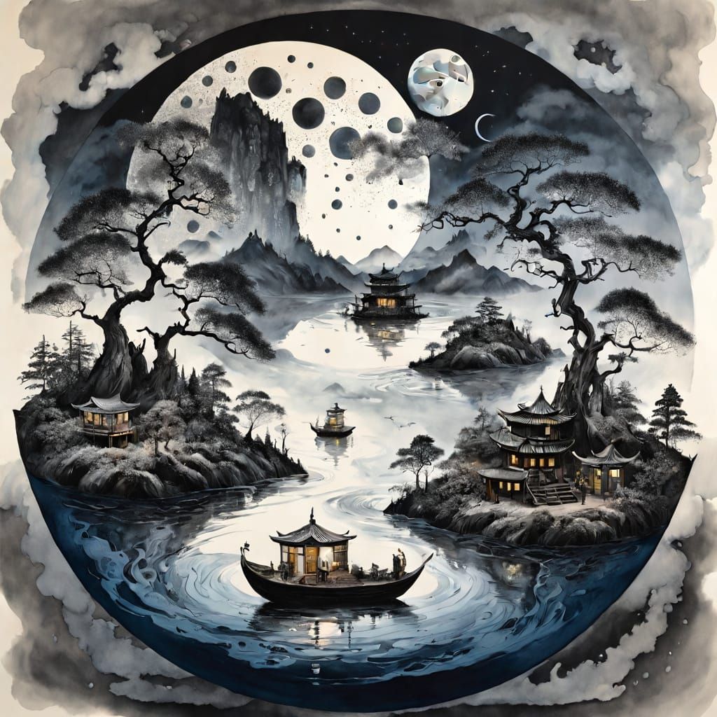 Misty Island at Night in Sumi-e Style