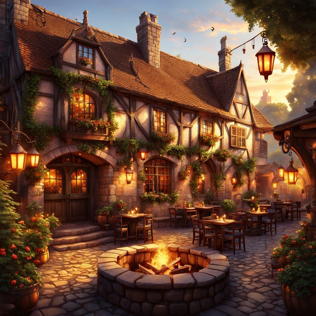 Cozy Tavern in Gothic City with Warm Light