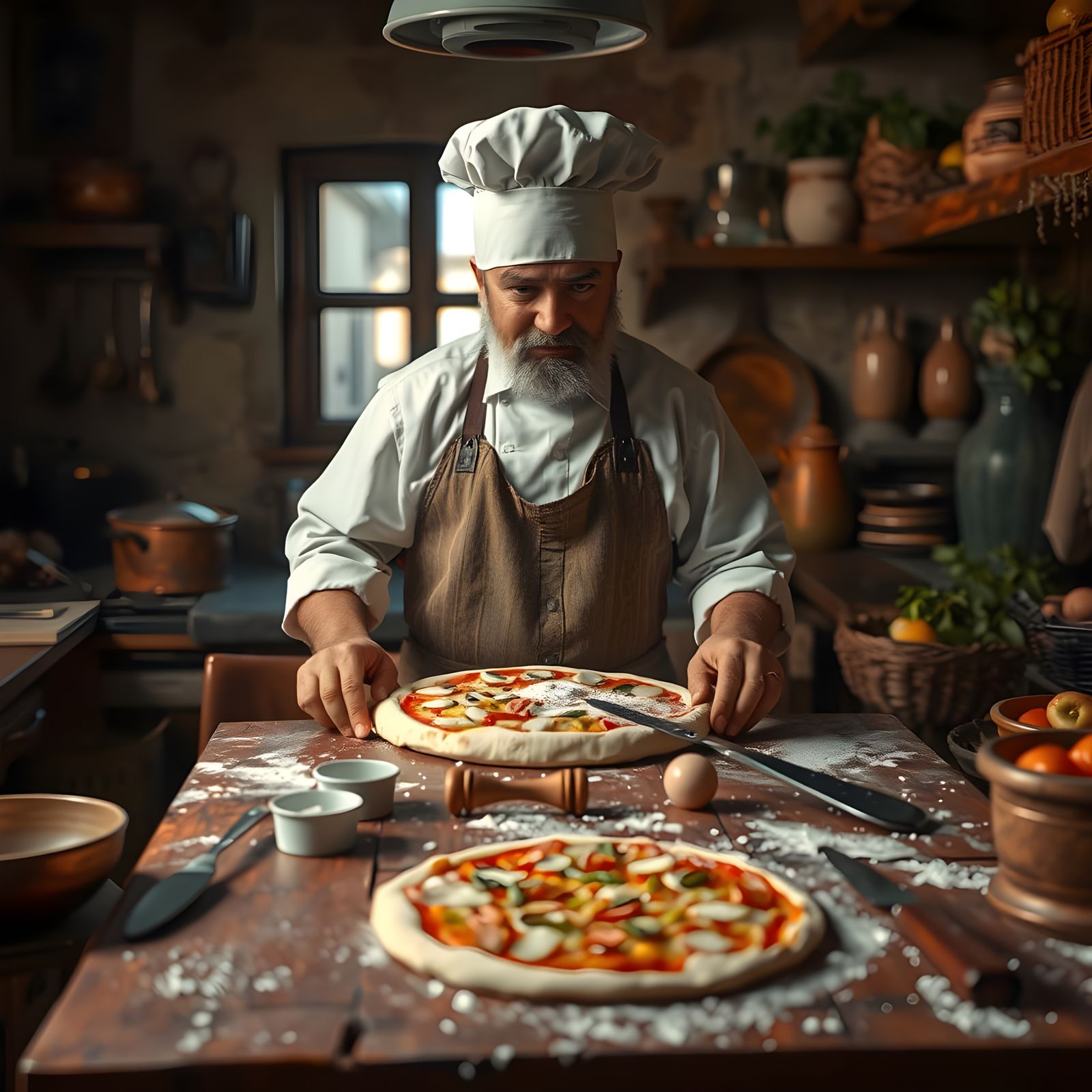 Chef Prepares Pizza Dough in Detailed Italian Kitchen