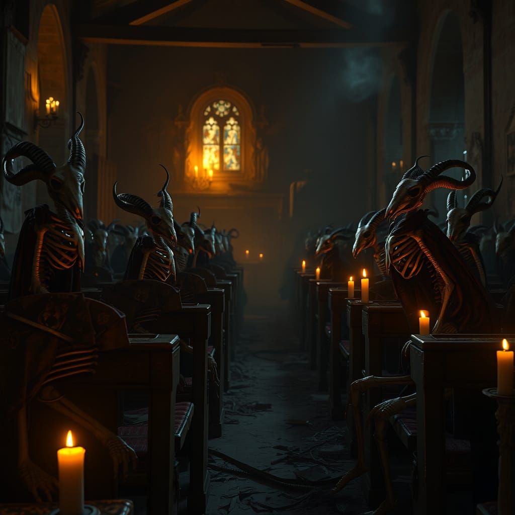Surreal Church Scene with Goat Skull Skeletons in Dark, Myst...