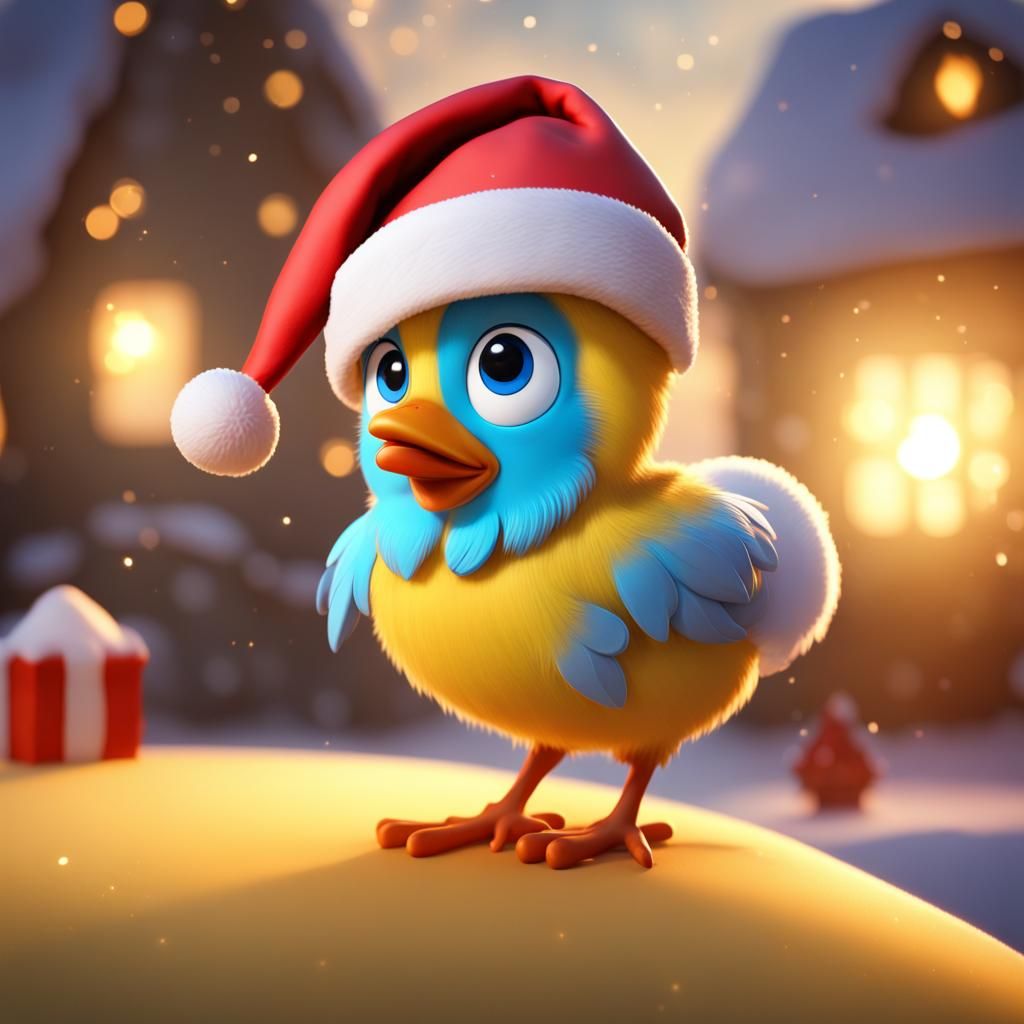 Blue-Eyed Chick in Santa Hat: 3D Winter Art