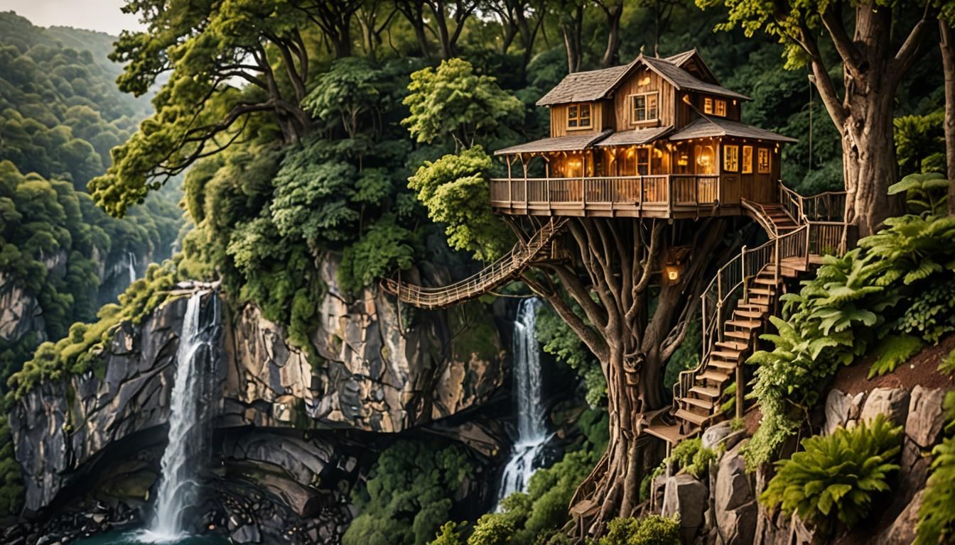 Elegant Cliffside Treehouse with Waterfall, Photography