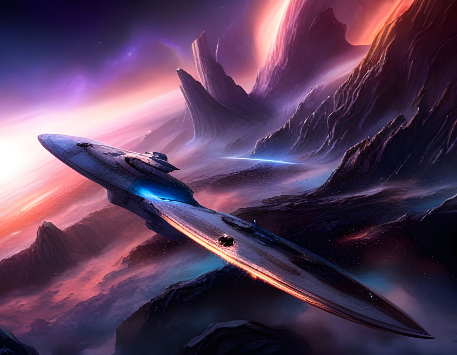 Starship Flies Through Nebula in Detailed Digital Art