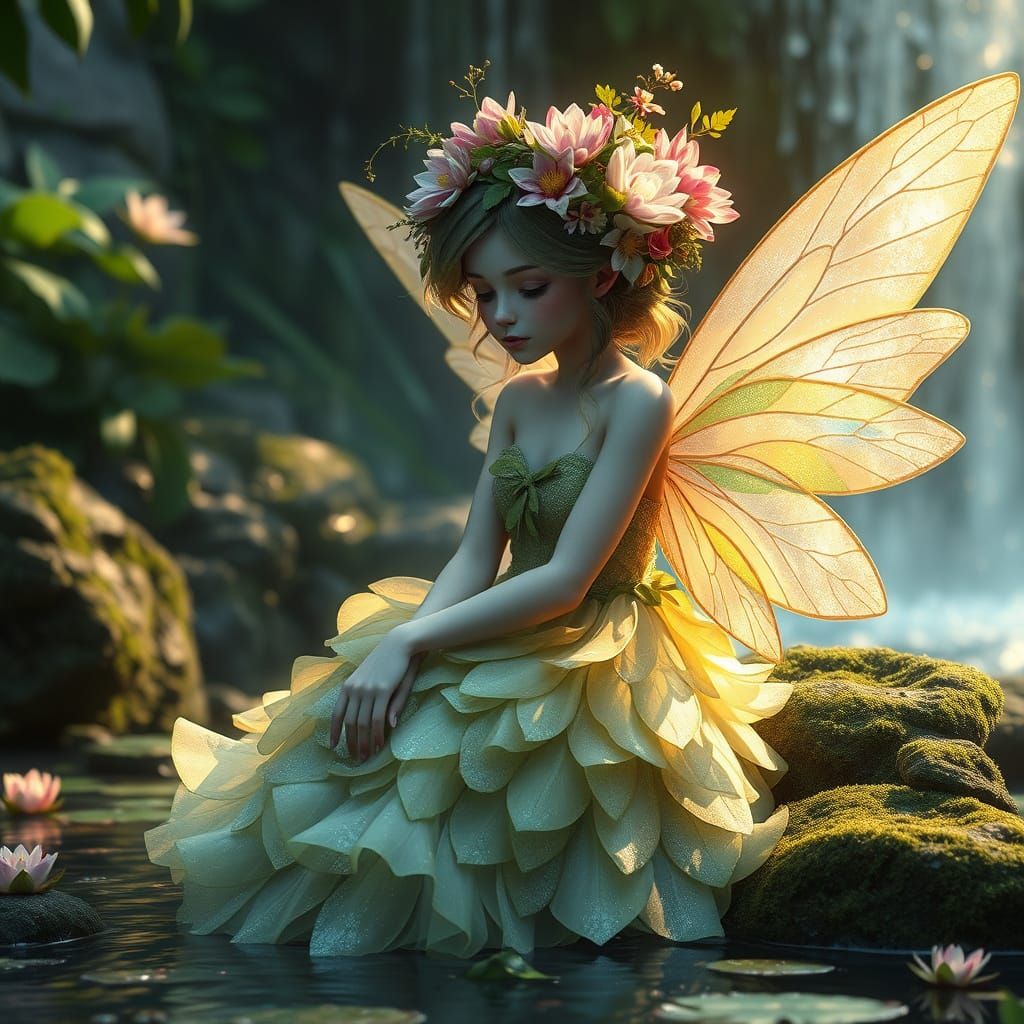 Whimsical Fairy Sits Serenely by Misty Waterfall in Vibrant ...