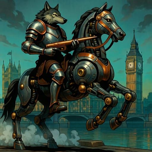 Futuristic Knight on Steampunk Horse over London