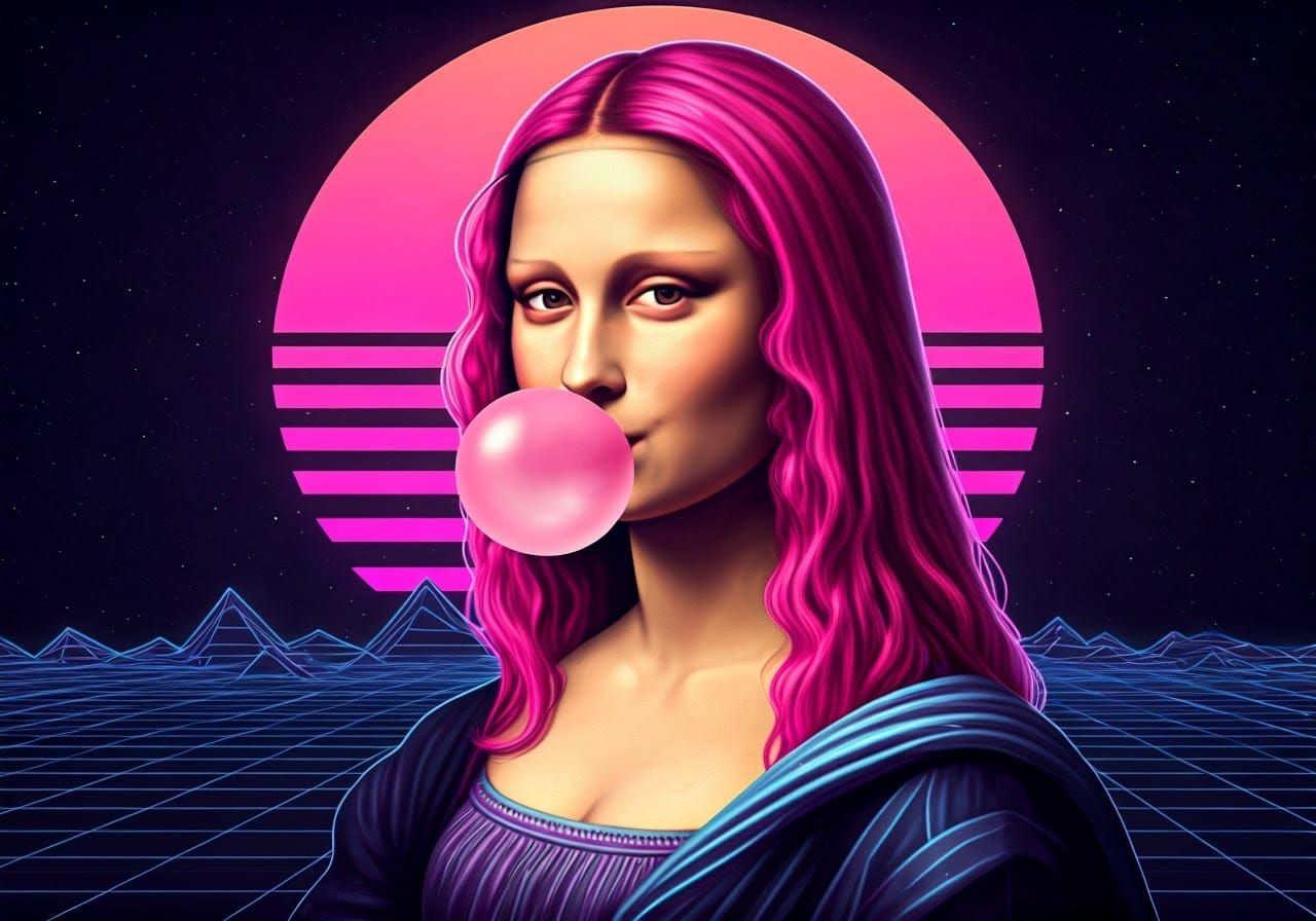 Mona Lisa Blows Pink Bubblegum in Neon Retro Style