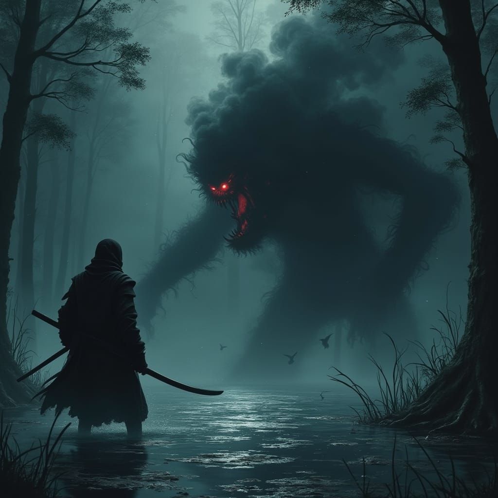 Anime Ninja Battles Smoke Monster in Swamp