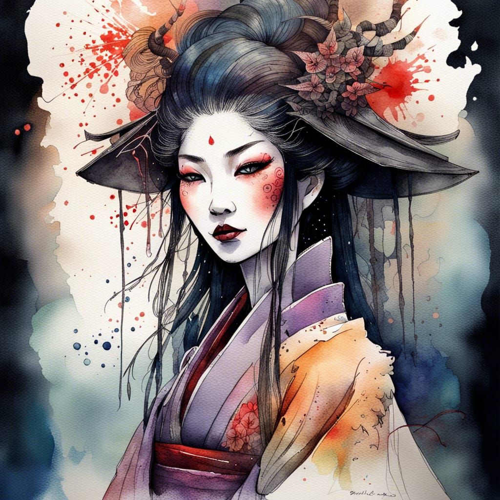 Gothic Geisha Witch in Watercolor Style