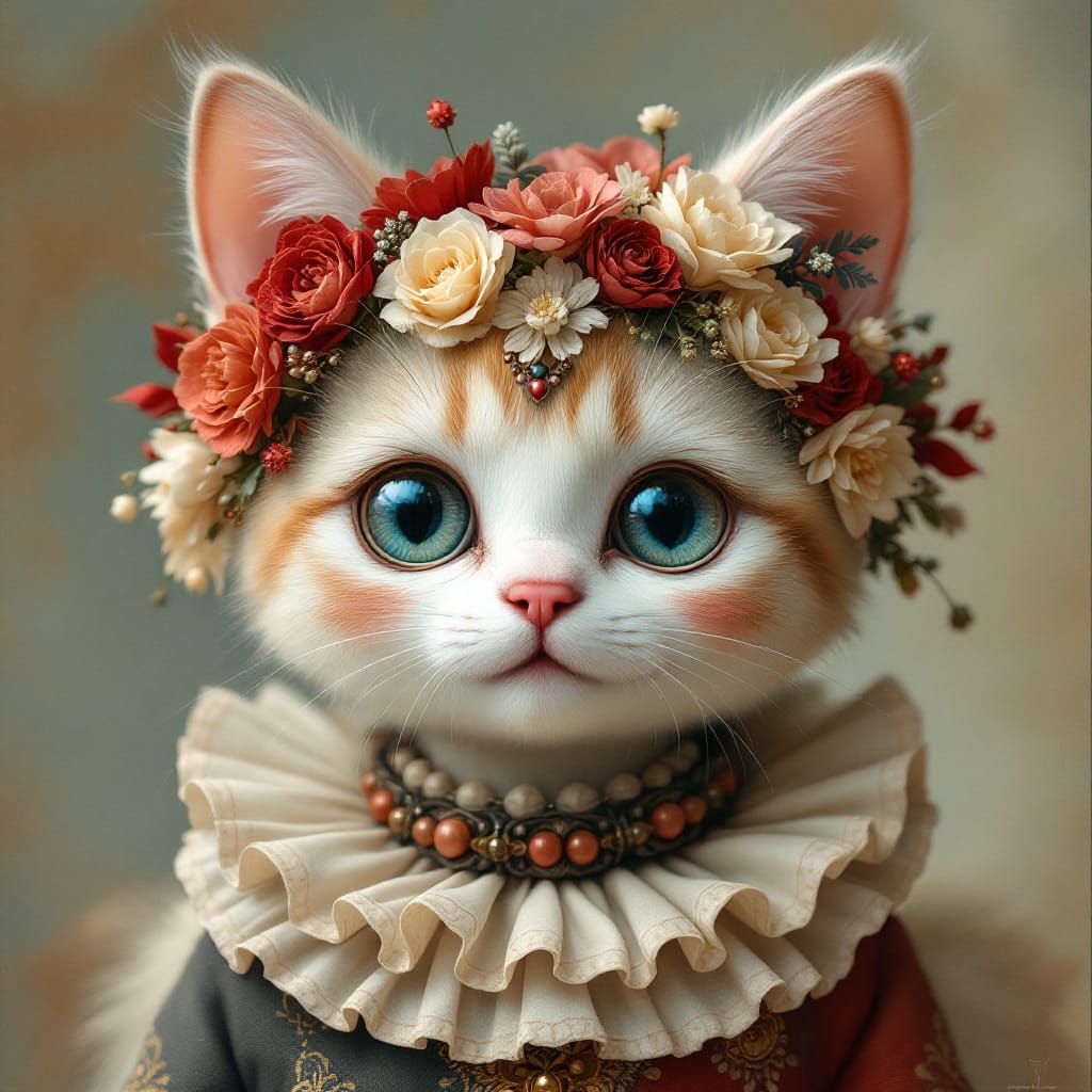 Whimsical Fantasy Cat Portrait in Porcelain Doll Style