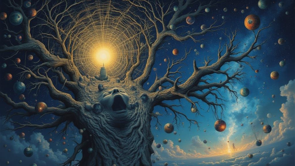 Cosmic Tree Nebula with Luminous Creatures and Constellation...