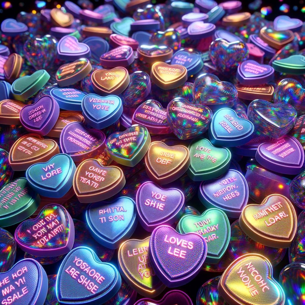 Vibrant Holographic Conversation Hearts in Mid-Air