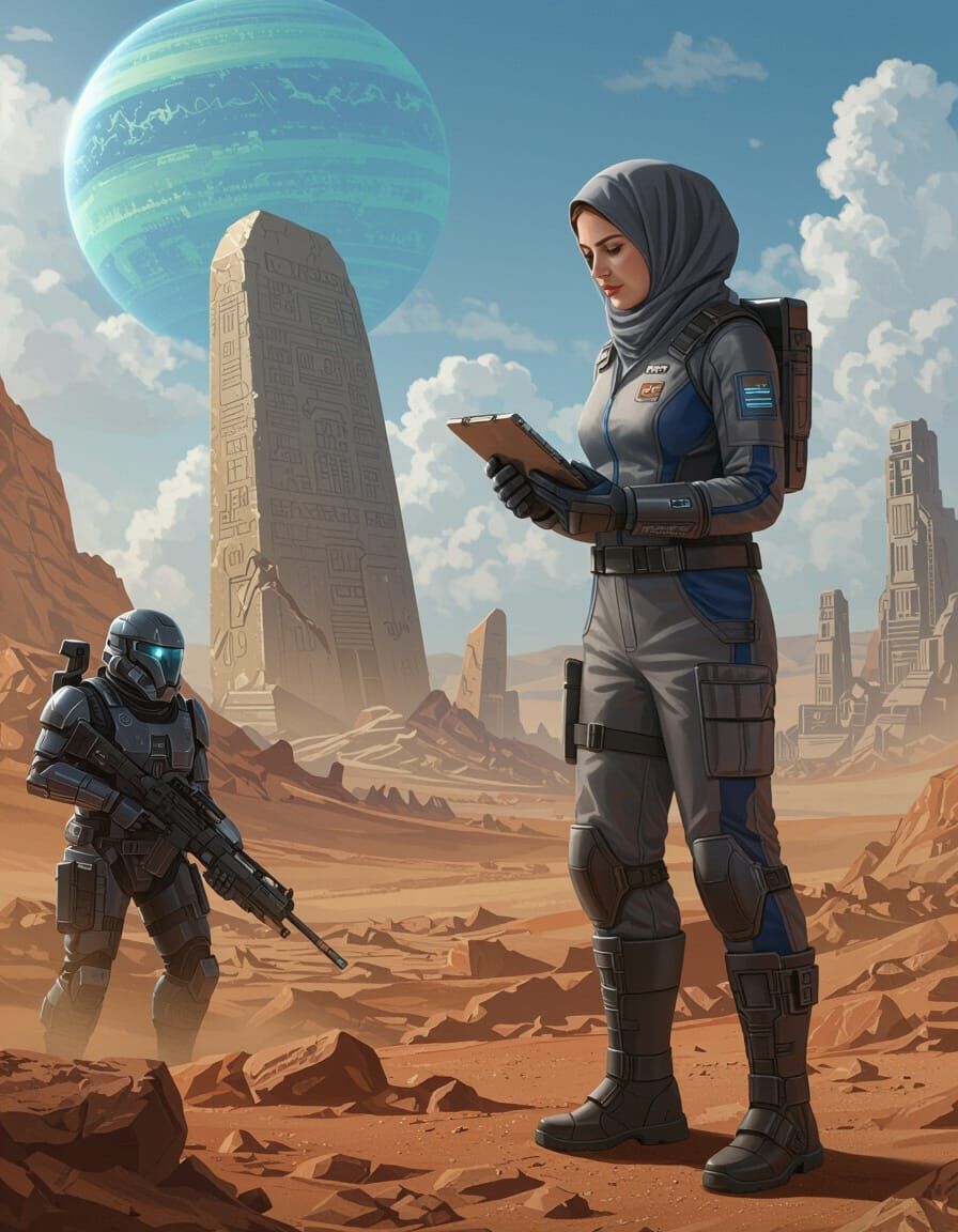 Scientist Explores Alien Ruins on Exomoon with Soldier Guard