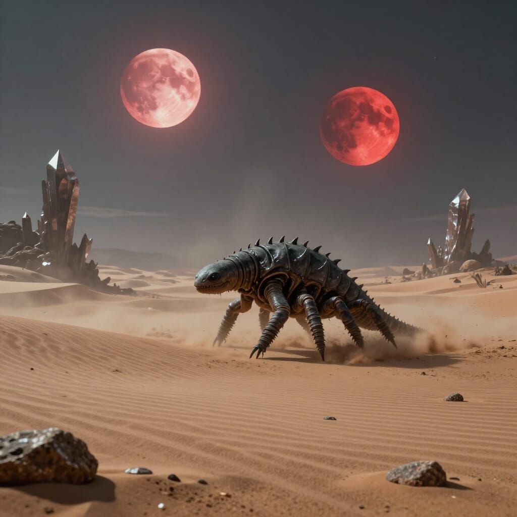 Colossal Tardigrade on Alien Desert Under Crimson Moons