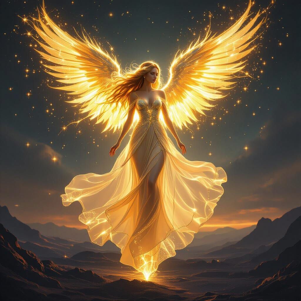 Ethereal Golden Angel with Fiery Wings