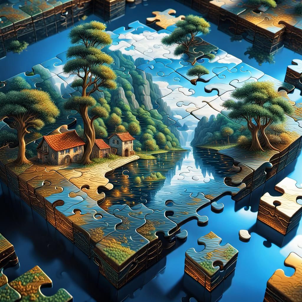 Fantasy Riverscape Jigsaw Puzzle Cube in 3D