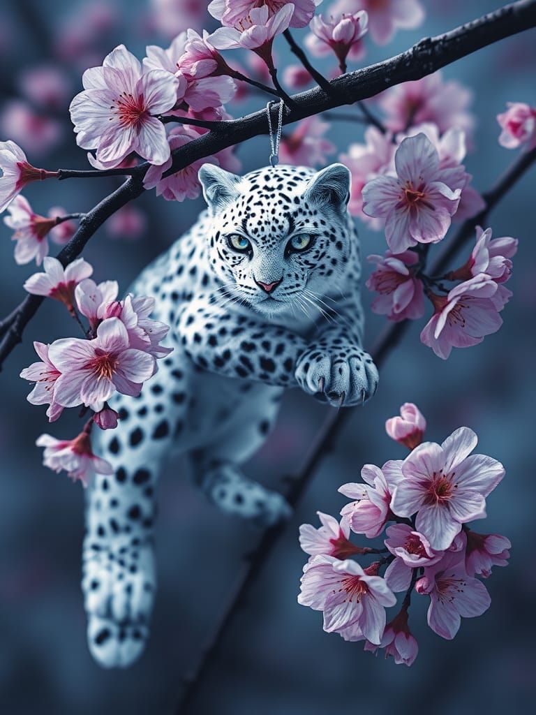 Snow Leopard in Cherry Blossoms: Fantasy Art