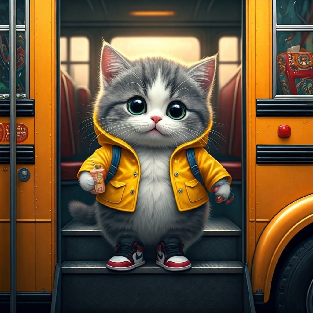 Kitten Ready for School in Whimsical Digital Art