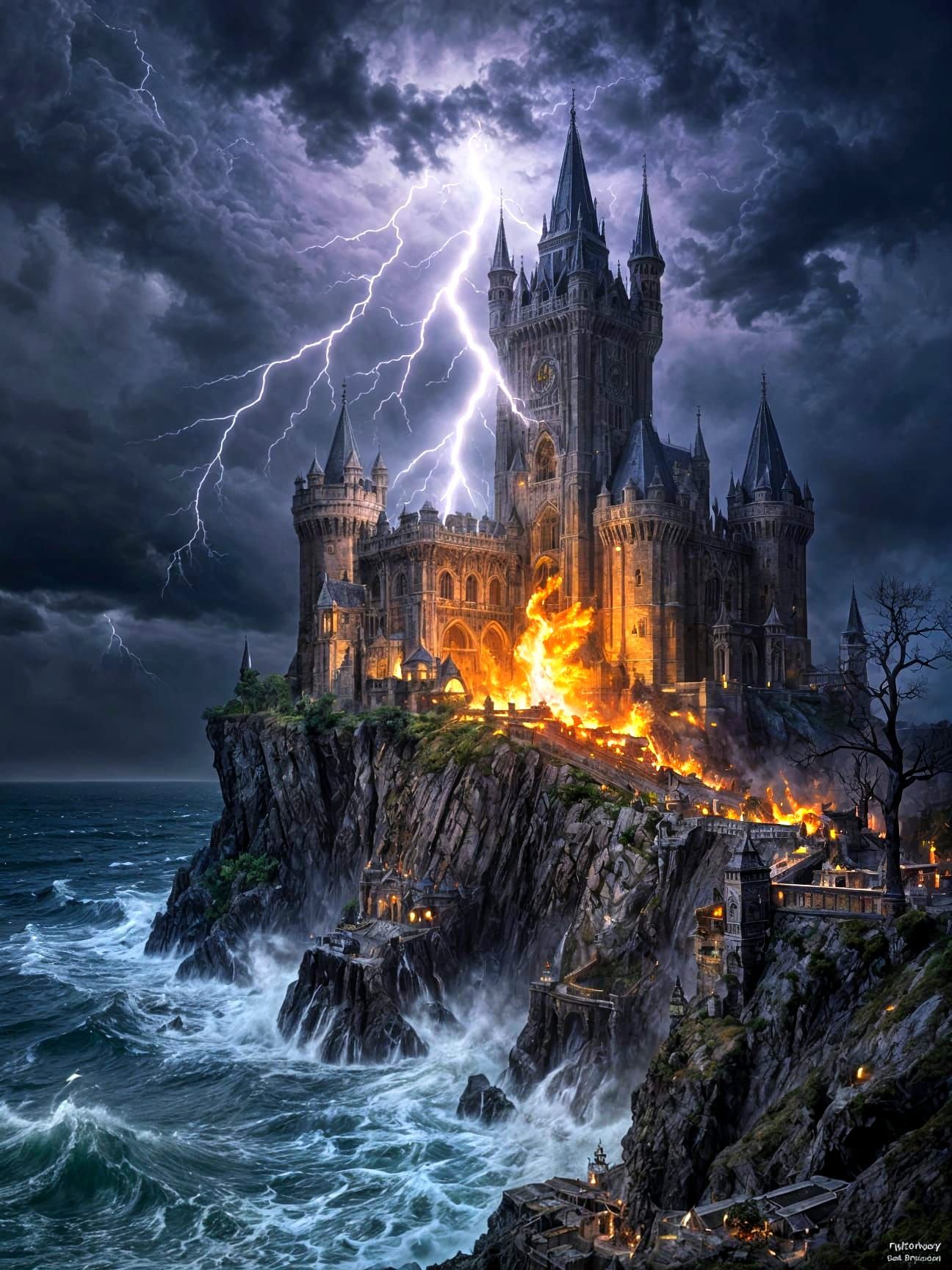 Gothic Castle Ablaze on Stormy Cliffside