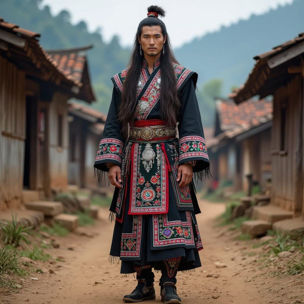 Man in Traditional Hmong Attire in Old Village