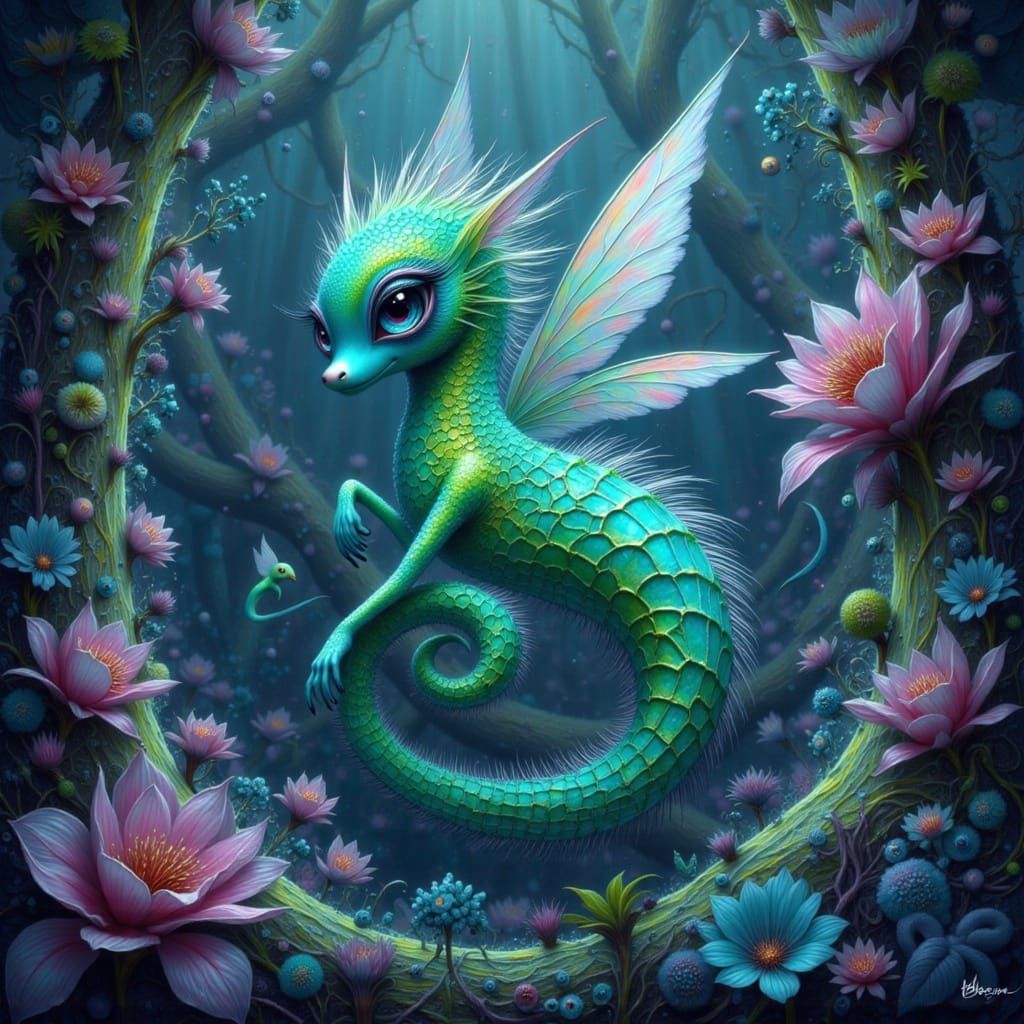 Iridescent Seahorse Creature in Bioluminescent Cave