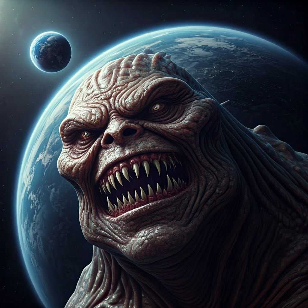 Grotesque Space Monster Gazes at Earth