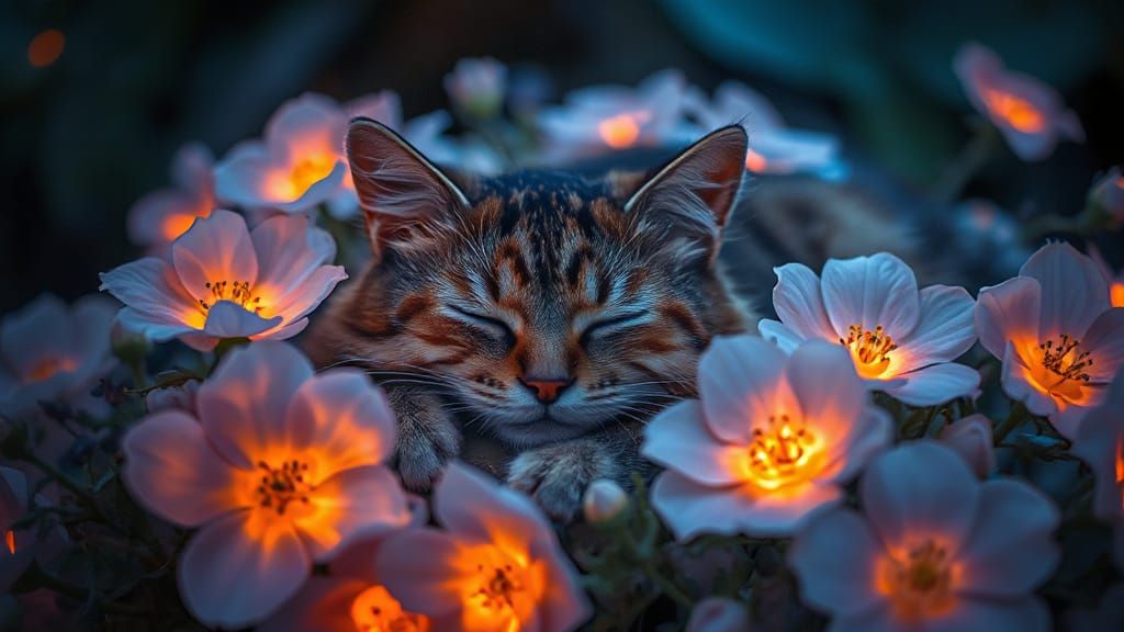 Sleeping Cat Amidst Glowing Blooms in a Dreamlike Setting