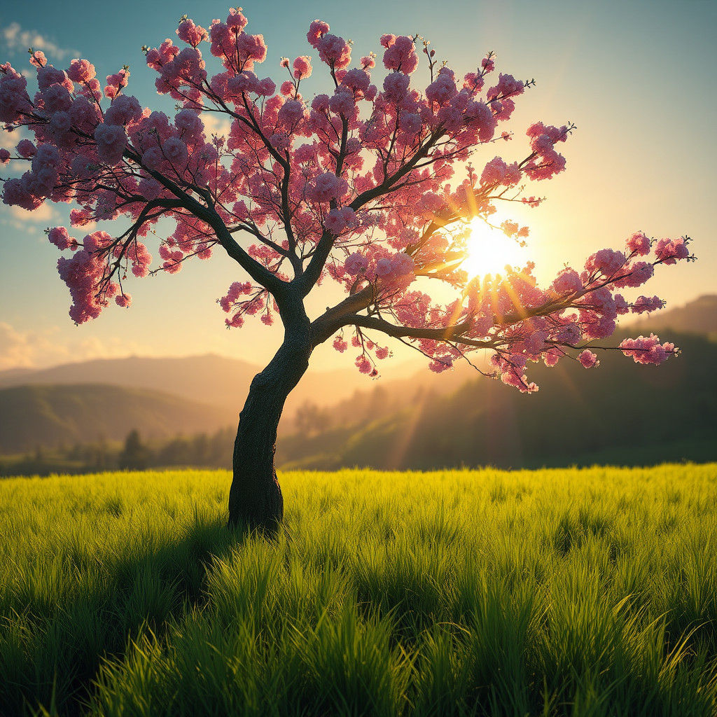 Sakura Tree at Sunrise: Hyperdetailed Matte Painting