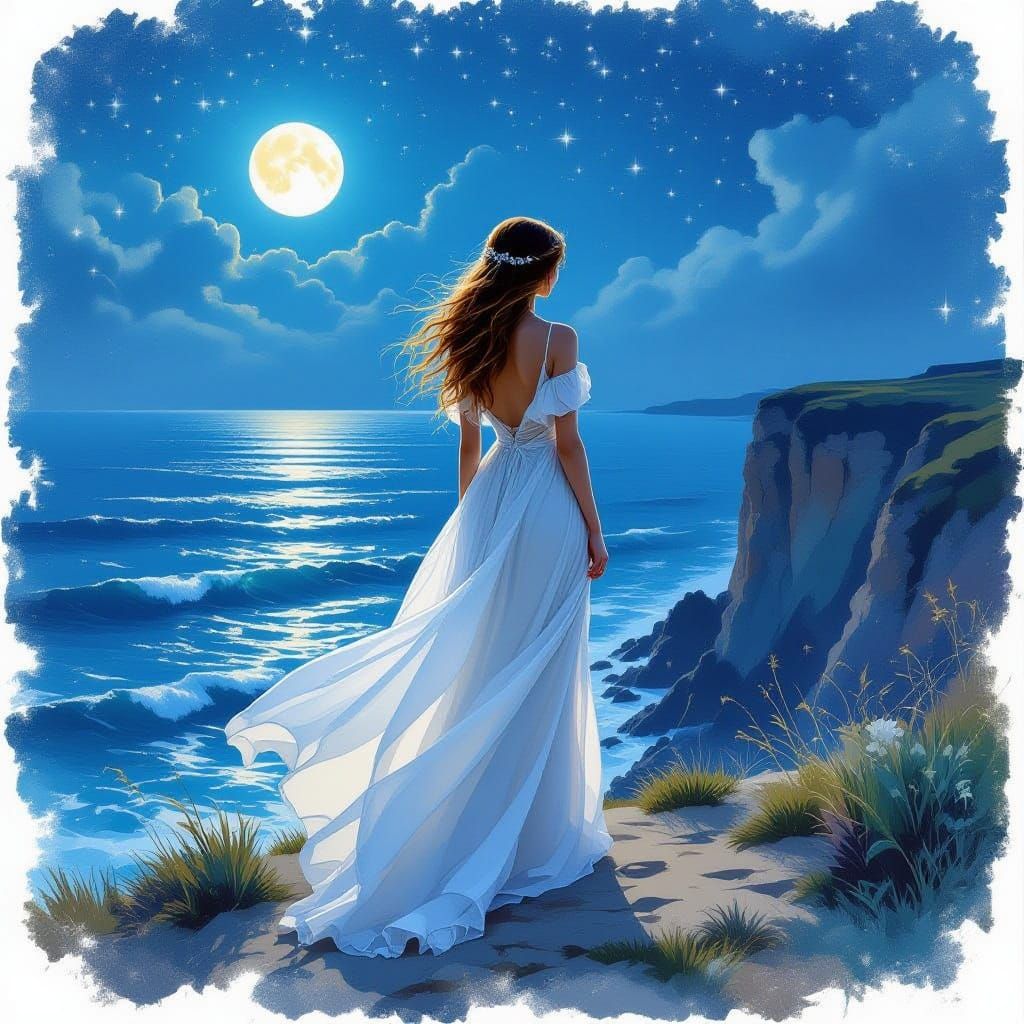 Ethereal Woman on Cliff Overlooking Starlit Ocean