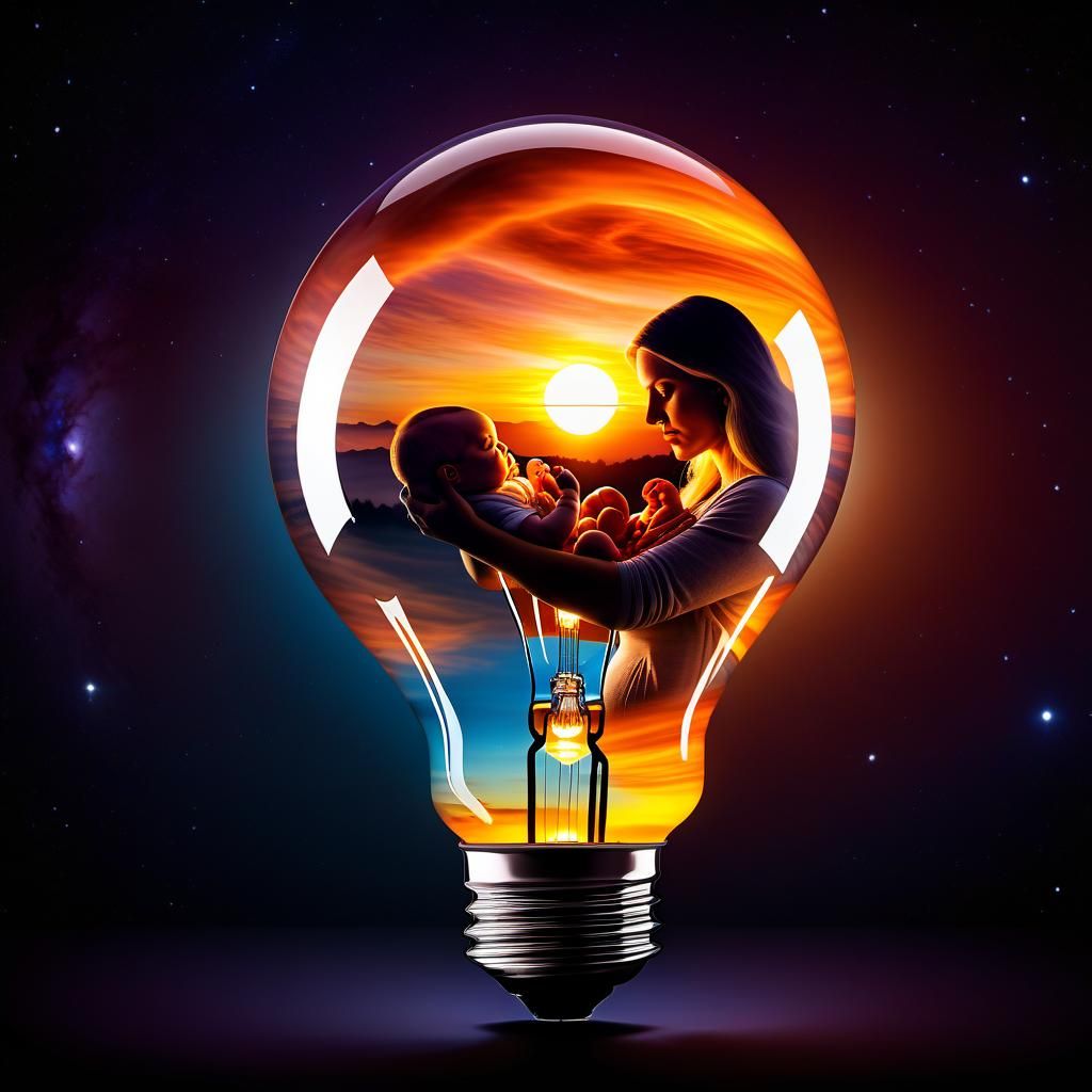 Cosmic Sunset: Mother and Child in Light Bulb