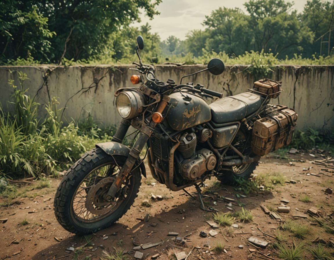 Motorcycle in Overgrown Post-Apocalyptic World: Cinematic St...