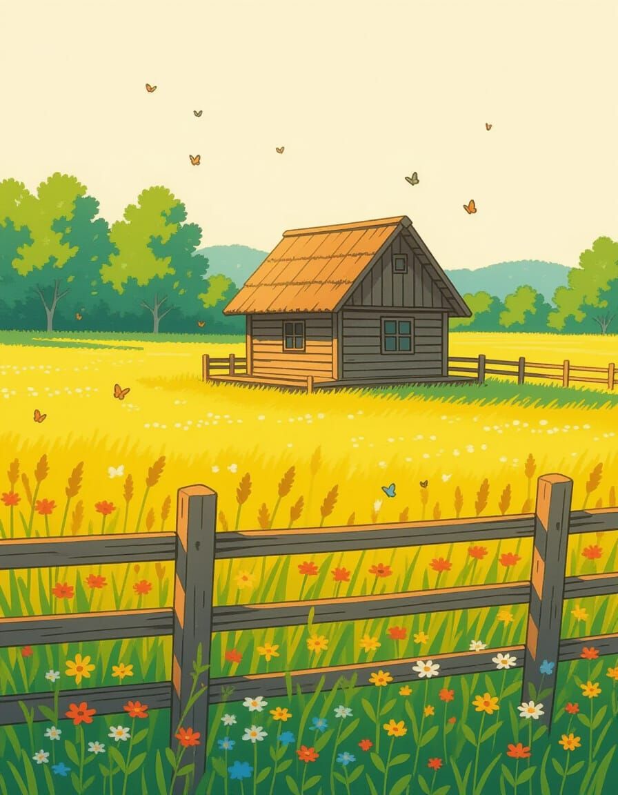 Whimsical Cabin in a Meadow, Anime Style