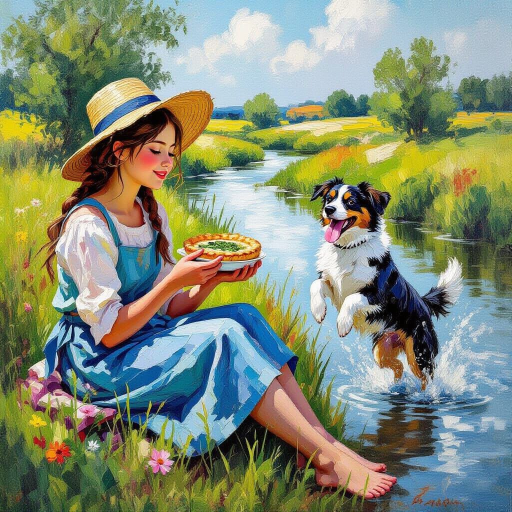 Peasant Girl Enjoys Pie by River with Dog, Impasto Style