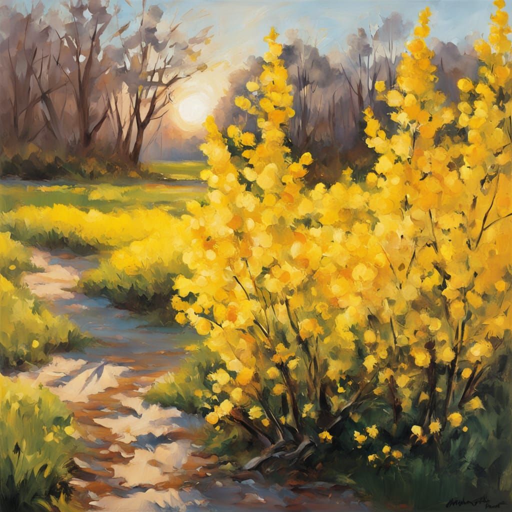 Sunrise Over Forsythia Field in Impressionist Gouache Style