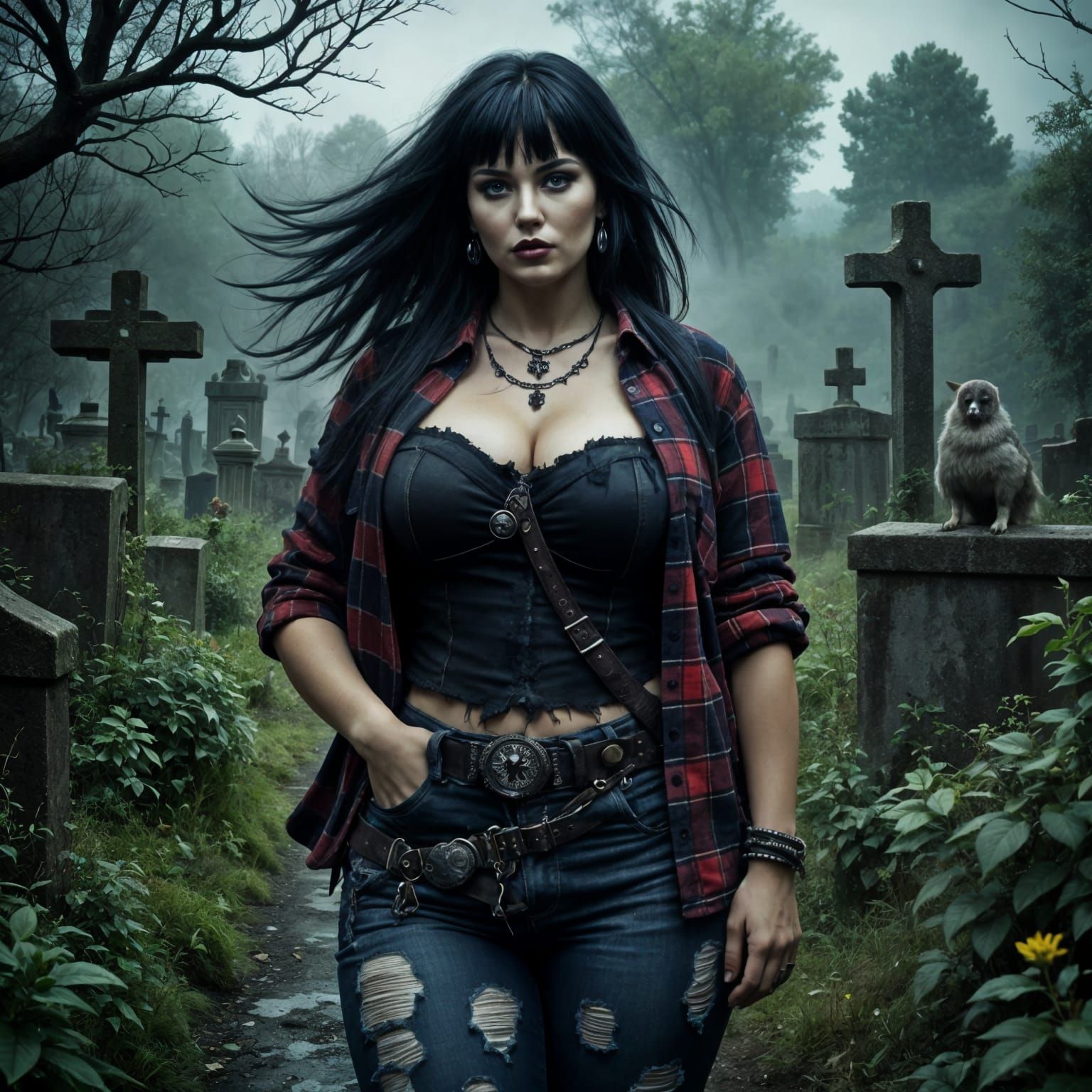 Ethereal Gothic Goddess Amidst Abandoned Cemetery Ruins