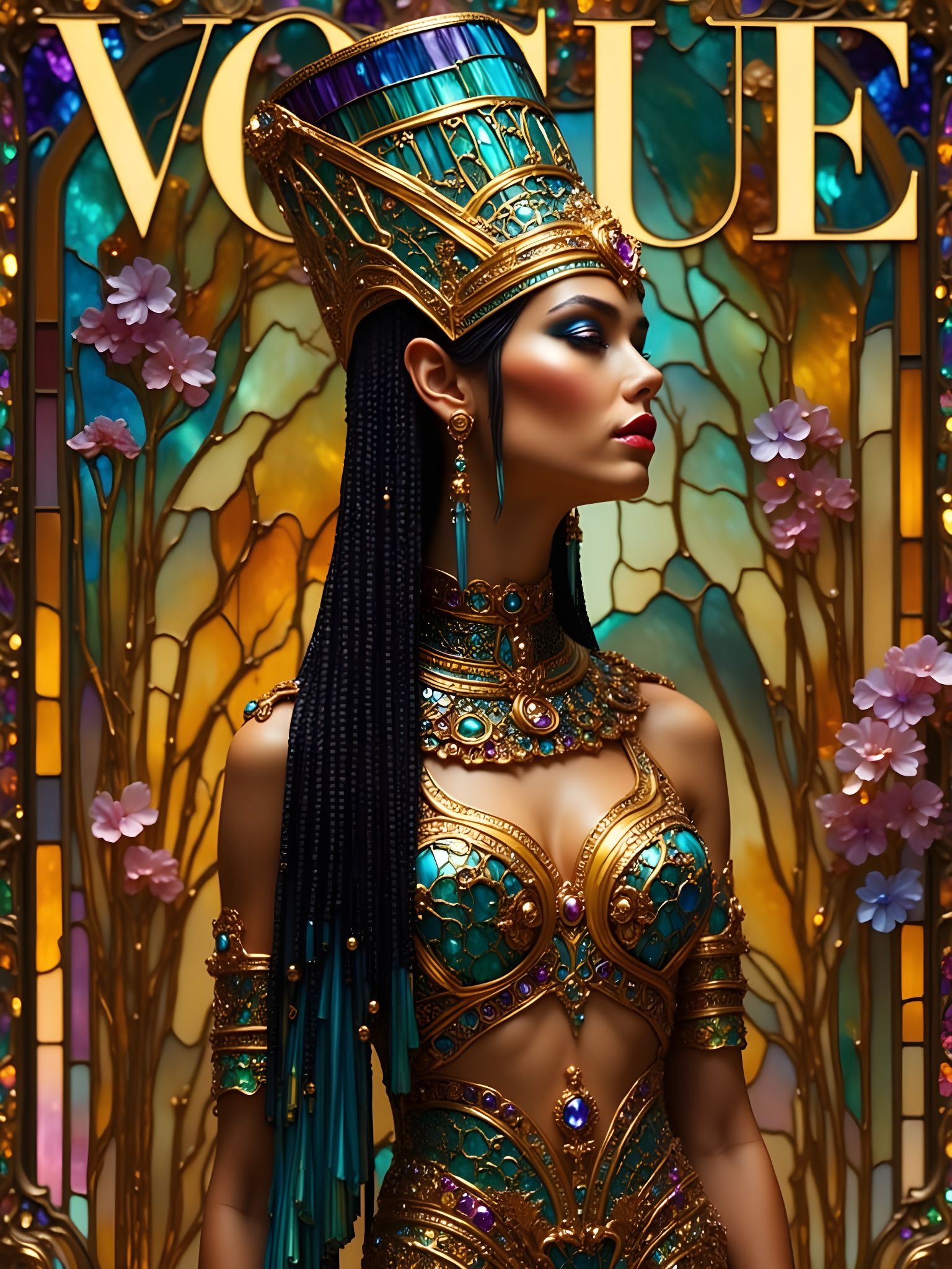 Modern Cleopatra on Global Vogue Cover in Stained Glass Styl...