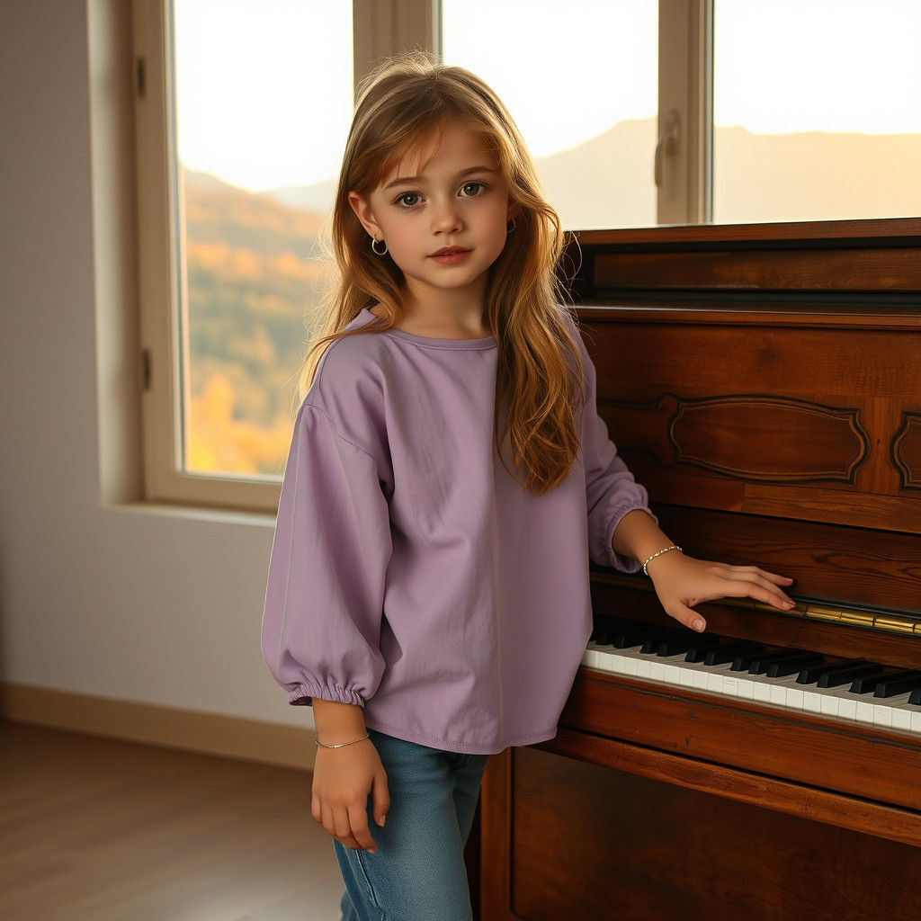 Girl at Piano with Blonde Hair and Hazel Eyes