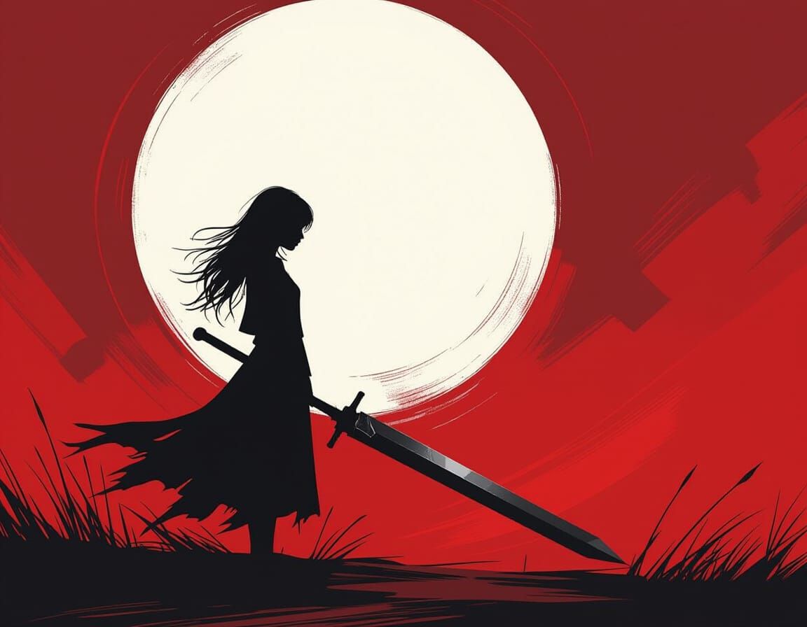 Crimson Solitude: Girl with Sword and Moon