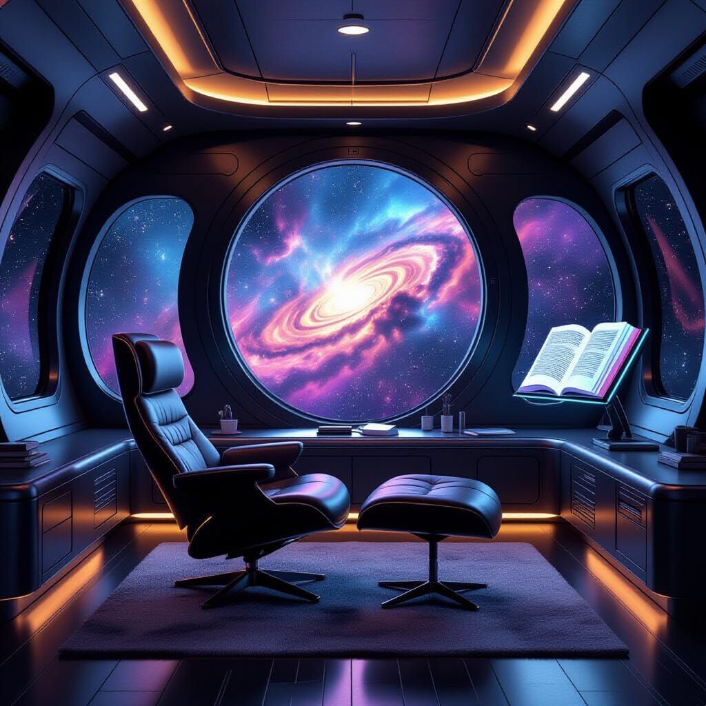 Cozy Reading Den in Futuristic Spaceship Cabin