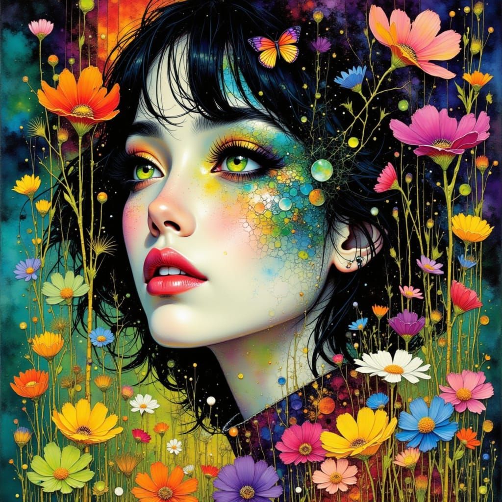 Geisha Face in Glass Shards with Digital Vortex