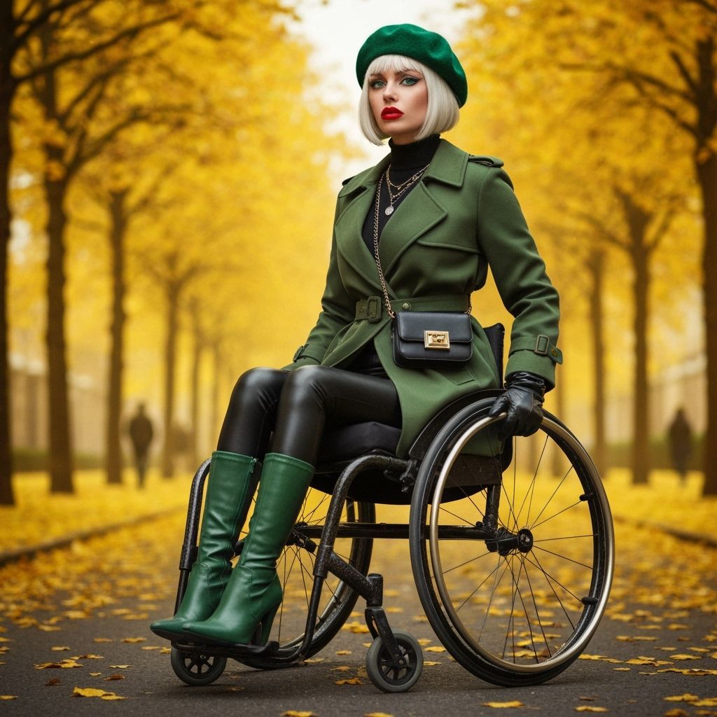 Fashionable Woman in Wheelchair on Autumn Street