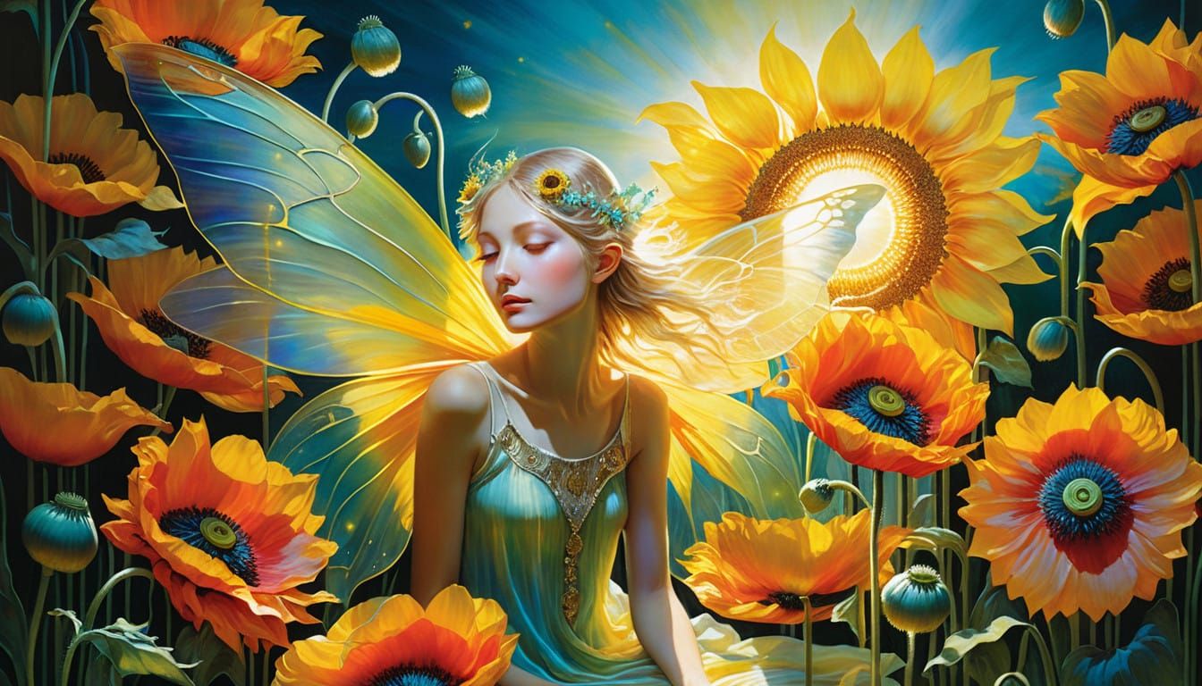 Vibrant Bioluminescent Fairy Amidst Sunflowers in a Dreamy, ...