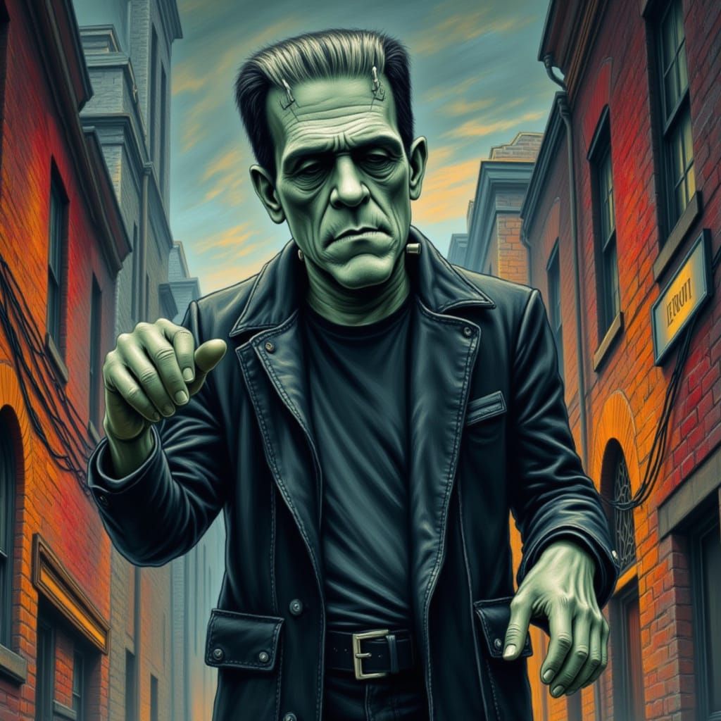 Frankenstein Monster in Neon Chalk Flux Caricature Style