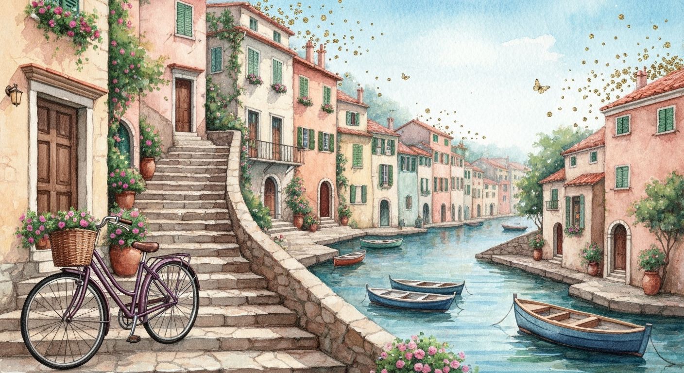 Dreamy Italian Village Watercolor Painting with Gold Sprinkl...